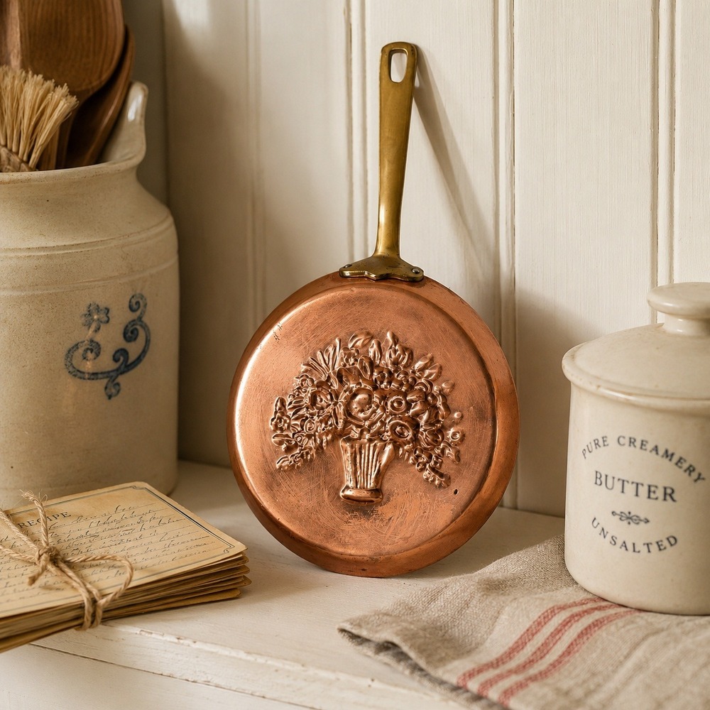 Vintage Copper Wall Hanging Floral Pan Cottage Kitchen English Country Decor